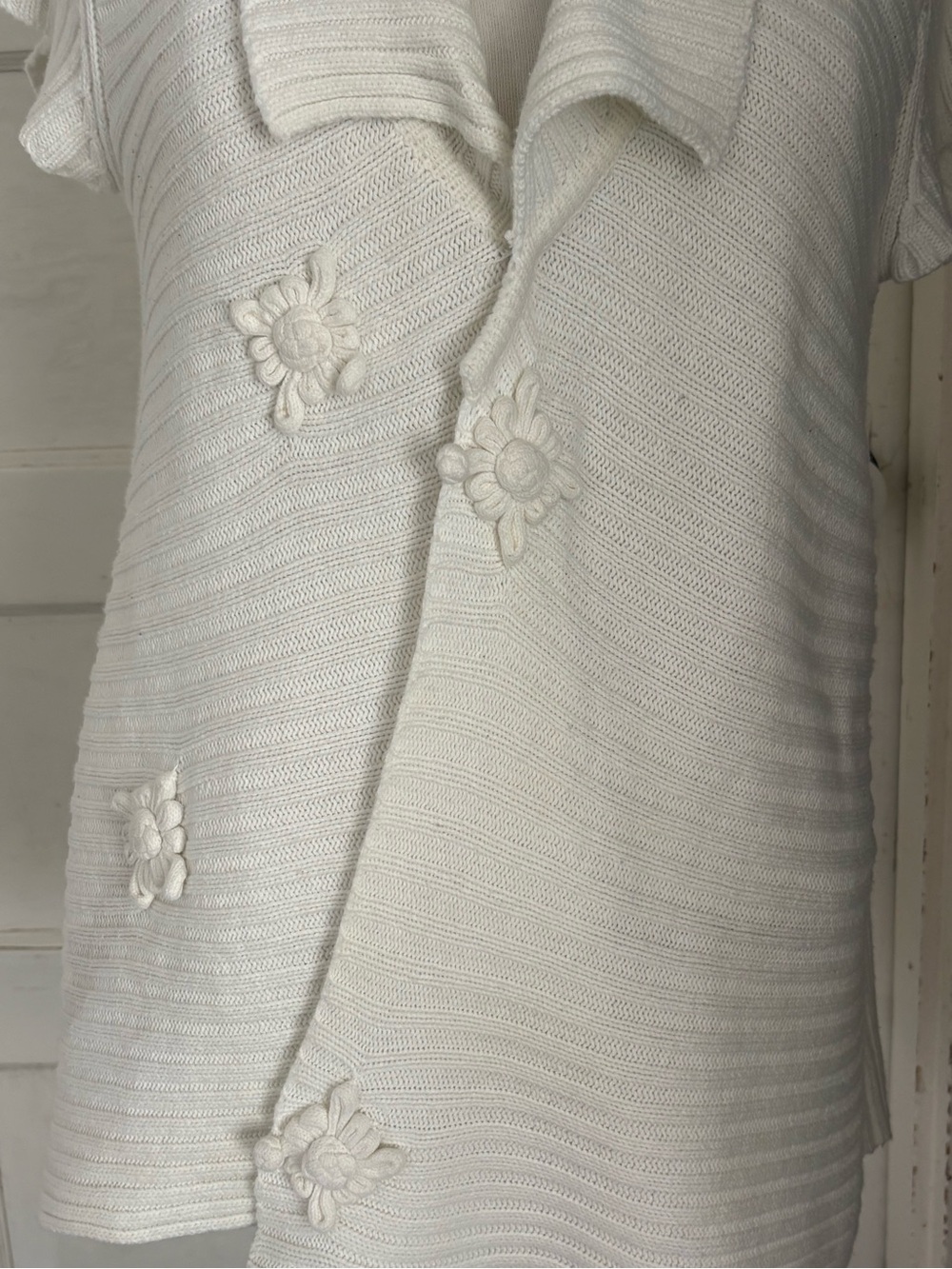 Vintage Cream Ribbed Knit Cardigan Sweater Frog Closure Asymmetrical Cozy M L